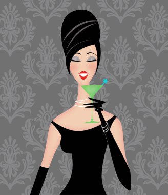 Bir kokteyl agray damask odaya sahip şık bir kadın retro moda çizimi