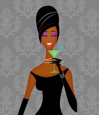 Bir kokteyl sahip şık bir Afrikalı-Amerikalı kadın retro moda çizimi 