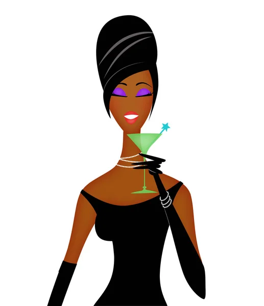 Retro fashion illustration of a stylish African-American woman having a cocktail