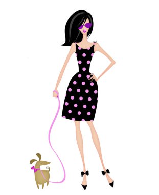 Köpeğini beyaz izole, yürüyen trendy bir genç kadın moda çizimi
