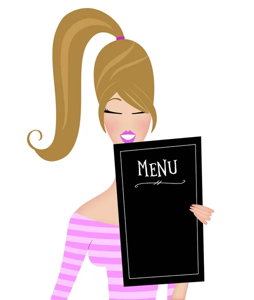 Cute Fashion Illustration Trendy Young Woman Ponytail Reading Menu — Stock Photo, Image