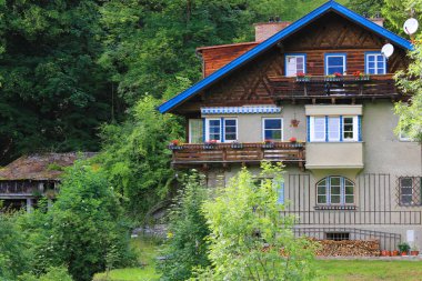 Tipik Avusturyalı Alpine ev çiçeklerle