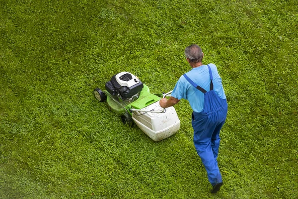 Een Man Maait Het Gras Zomer Werkt Tuin Rechtenvrije Stockafbeeldingen