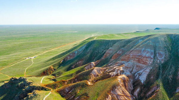 Unusual landscape. Mountain Big Bogdo in the Astrakhan region, Russia. Sacred place for practicing Buddhism.