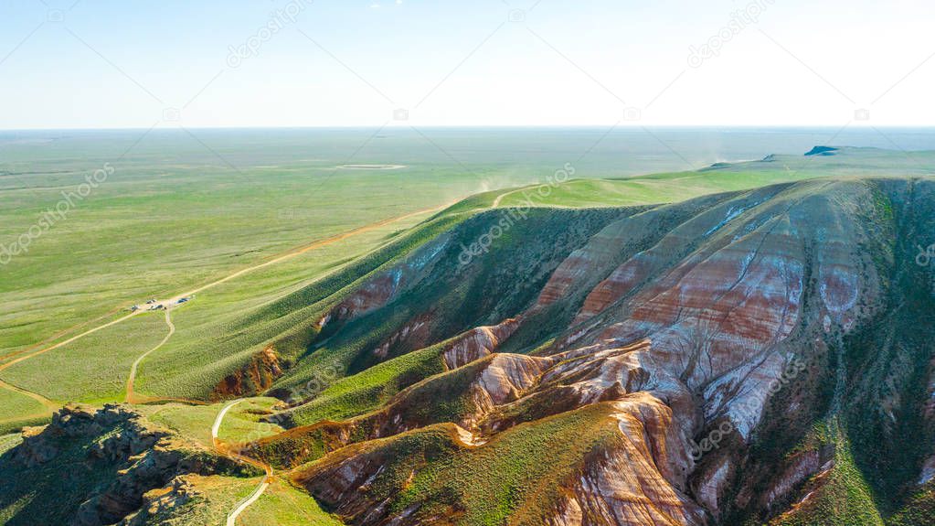 Unusual landscape. Mountain Big Bogdo in the Astrakhan region, Russia. Sacred place for practicing Buddhism.