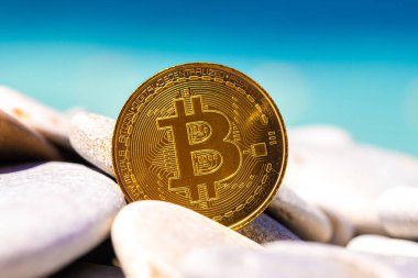 Deniz taşlarında Bitcoin, arka plan denizinde. Kavram serbest