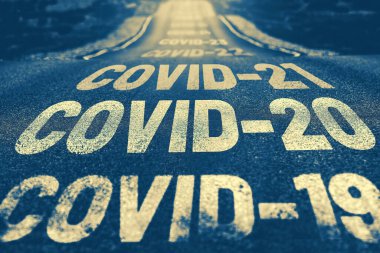 Metni COVID-19, COVID-20, COVID-21 olan terk edilmiş bir otoyol. Yeni dünya salgınları kavramı