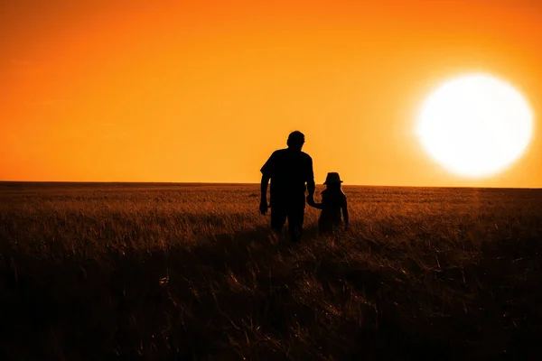 Het silhouet van een man en een klein meisje in een veld tijdens zonsondergang. — Stockfoto