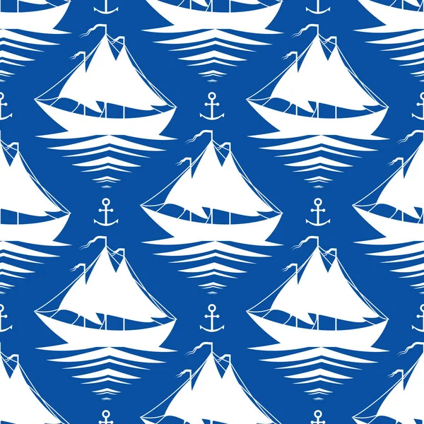 ヨットとアンカー ブルーのシームレス パターン — ストック写真