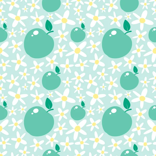 与苹果和雏菊的淡绿色无缝图案 — 图库照片