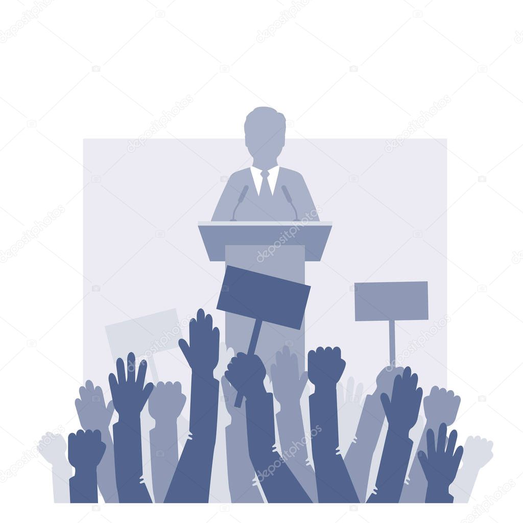 Speaker stands in front of the crowd. Vector illustration. Eps 10