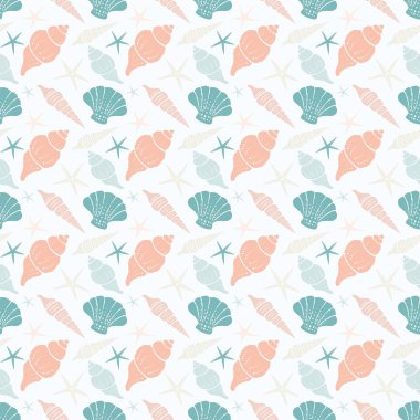 Deniz kabuklarını ve hafif bir arka plan üzerinde deniz yıldızı ile Seamless modeli.