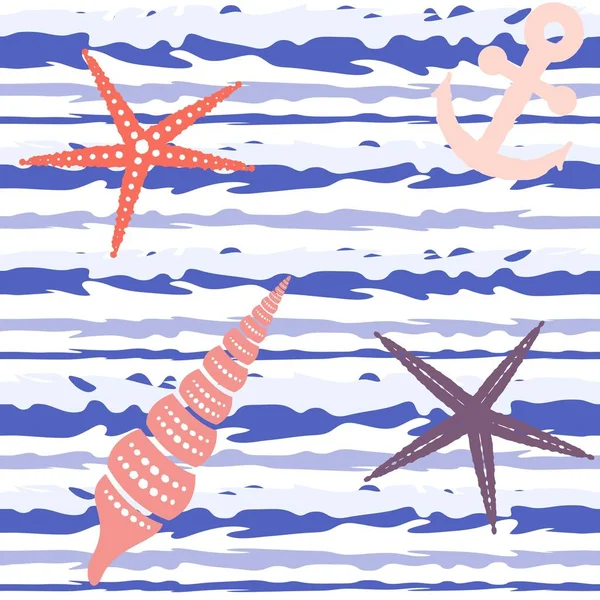 Marine Striped Seamless Pattern Seashells Starfish Anchors Vector Eps — Stock Vector