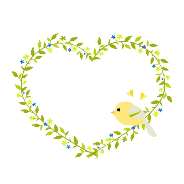 Sanfter Grüner Herzförmiger Kranz Mit Einem Gelben Vogel Folge — Stockvektor