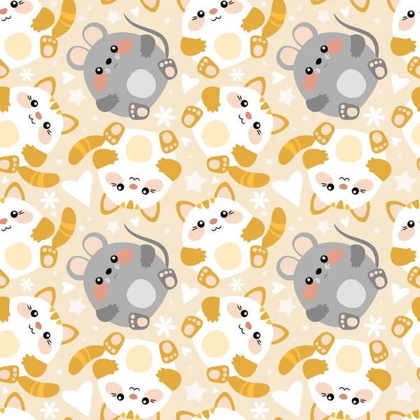Cute seamless pattern with cats and mice in kawaii style.