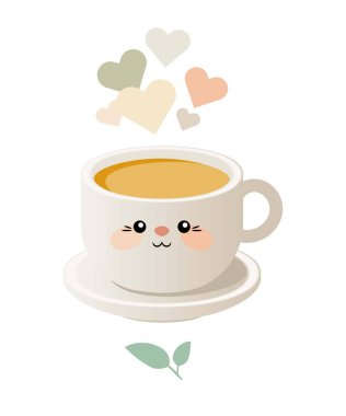 Bir fincan çay ile şirin kawaii illüstrasyon. Vektör. EPS 10