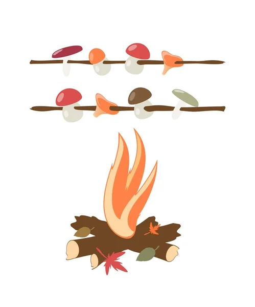 A gombákat őszi tűzben sütnek. Izolált vektoros kép. — Stock Vector