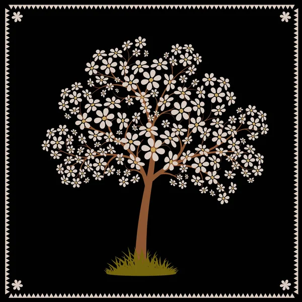 Fehér virágokkal virágzó fa. Stilizált vektorkép. — Stock Vector