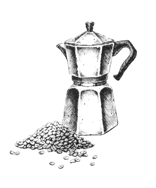 Gejzír Kávéfőző Kézzel Rajzolt Fekete Fehér Illusztráció Csak Jpeg — Stock Fotó