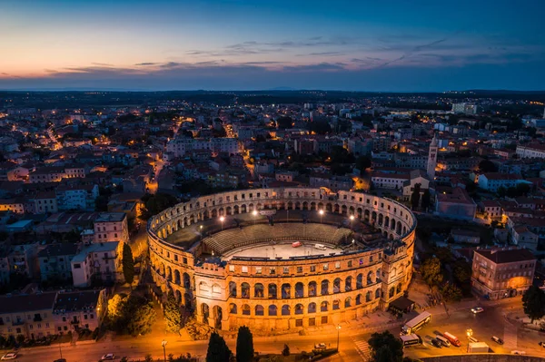 Luchtfoto Van Roman Colosseum Pula Kroatië Nachts — Stockfoto