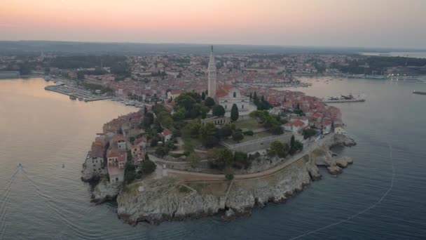 Piękny Rovinj Wschodzie Słońca Lotnicze Wideo — Wideo stockowe