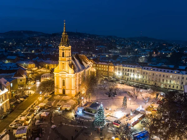 Vista Volo Uccello Szekszard Con Chiesa Inverno — Foto Stock