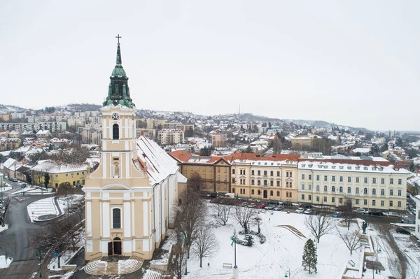 Vista Volo Uccello Szekszard Con Chiesa Inverno — Foto Stock