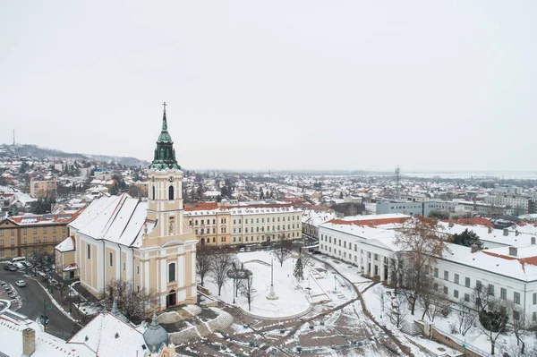 Vista Volo Uccello Szekszard Con Chiesa Inverno — Foto Stock