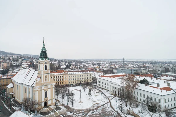 Vista Volo Uccello Szekszard Con Chiesa Inverno — Foto Stock