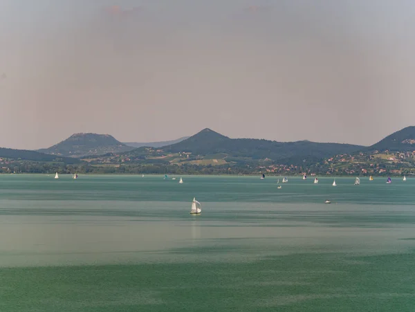 Aerial Photo Sailing Boats Lake Balaton Wit Badacsony — Stock Photo, Image