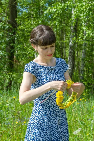 Beautiful Girl Park Wreath Dandelions Bouquet Wild Flowers Stock Picture