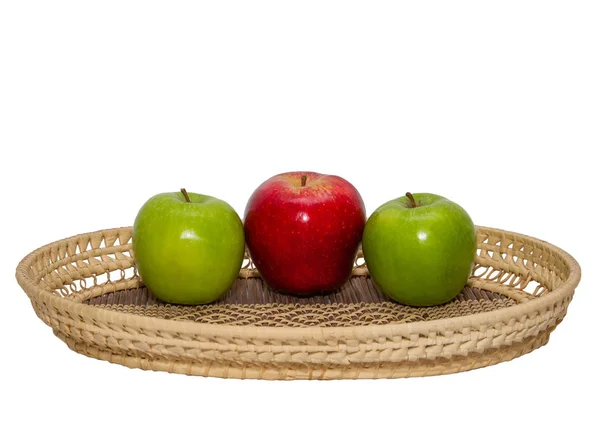 Red Green Apples Basket Close White Background — Stock Photo, Image