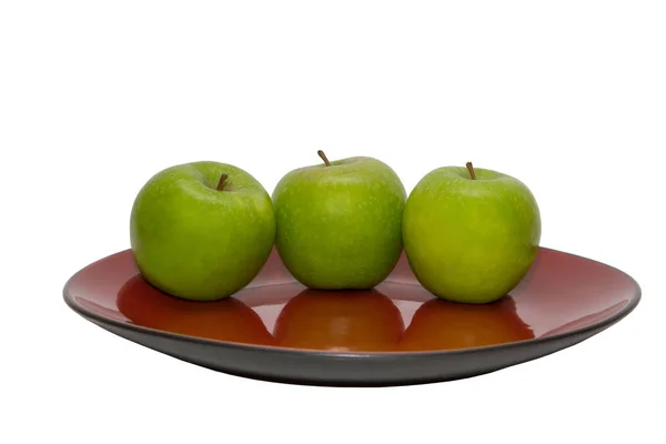 Red Green Apples Plate Close White Background — Stock Photo, Image