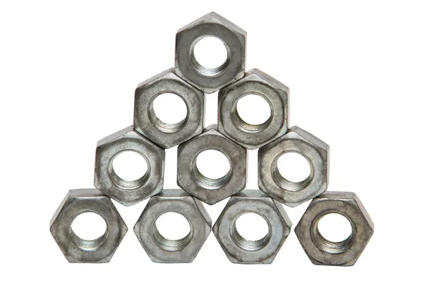 Pyramid Metal Nuts White Background Close — Stock Photo, Image