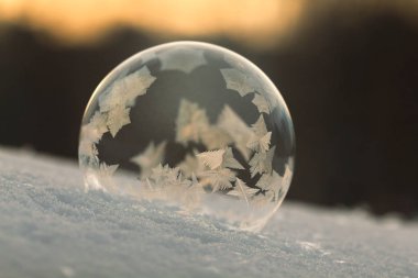 Sabun köpüğü donmuş, bulanık arka plan üzerinde yakın çekim