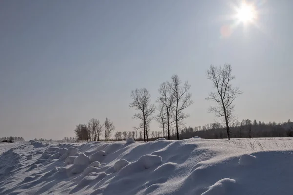 Kar yığınları ve mavi gökyüzü, ağaçlar ve parlak güneşin karşı mesafe bırakarak yol