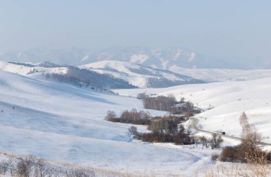 Güzel, kış dağ manzarası açık, mavi gökyüzü, ağaçlar ve Altay bölgesi yoldan gidiyor arka plan üzerinde