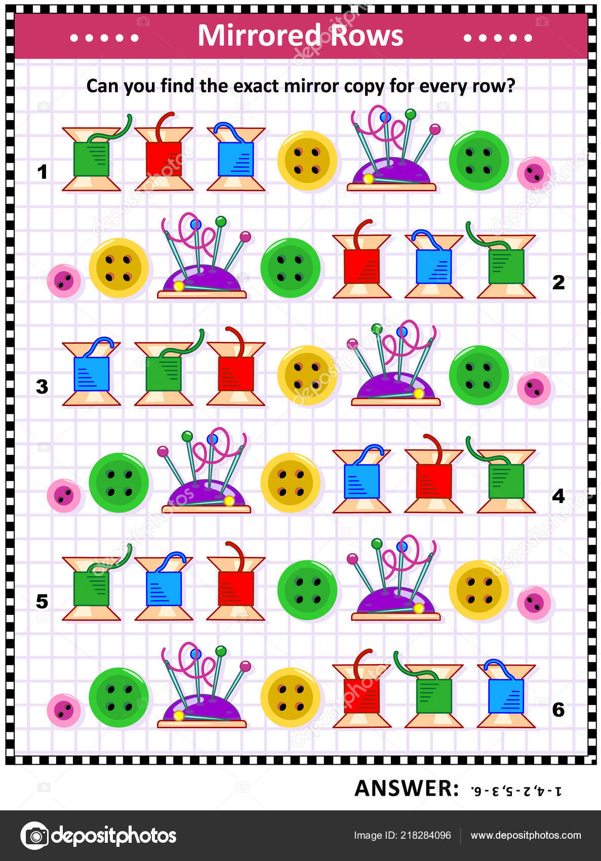 Training Visual Puzzle Colorful Sewing Spools Buttons Pins Pincushions