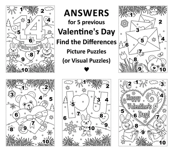 Answers for 5 previous Valentine\'s Day themed find the 10 differences picture puzzles, or visual puzzles