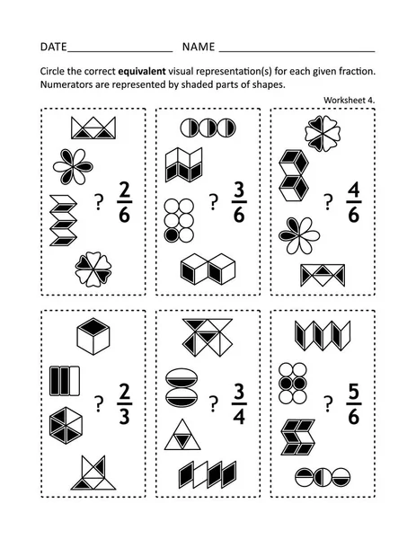 Math worksheet for students of all ages. Learn, practice, reinforce fractions math skills for children. Prevent alzheimer for adults. Equivalent fractions. Visual or pictorial fraction representations. No-prep printable for teachers. — Stock Illustration Math Worksheet Students All Ages Learn Practice Reinforce Fractions Math Royalty Free Stock Illustrations