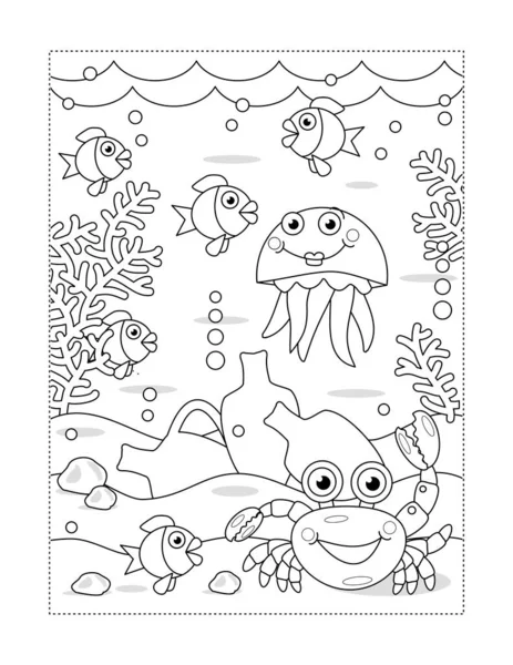 Coloring page with cartoon underwater scene and amphorae, crab, jellyfish,  algae, fish, waves - Stock Image - Everypixel