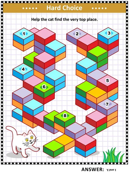 Visual puzzle or picture riddle with cat and building blocks staircase: Help the cat find the very top place. Answer included.