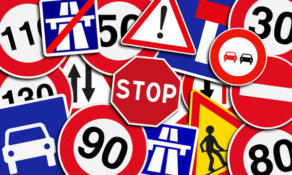 Lot Roadsigns Driving School Лицензионные Стоковые Фото