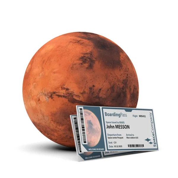 mars planet with two travel tickets on white background