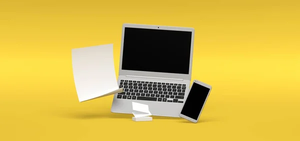 ノートパソコンとスマートフォンの3Dレンダリング黄色の背景と空白の創造的なセット — ストック写真