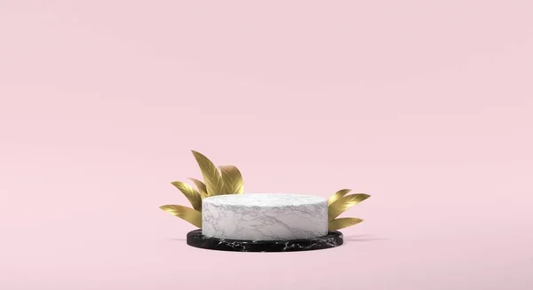 Altın Yapraklı Beyaz Mermer Podyum Pembe Zemin Boyutlu — Stok fotoğraf