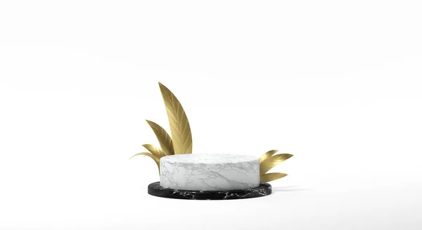 Altın Yapraklı Beyaz Arka Planlı Beyaz Mermer Podyum — Stok fotoğraf