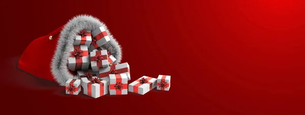 Рождественская Сумка Полна Красных Подарков Рендеринг Красный Фон — стоковое фото