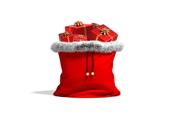 Kırmızı hediyelerle dolu bir Noel çantası. 3 boyutlu, beyaz arkaplan.