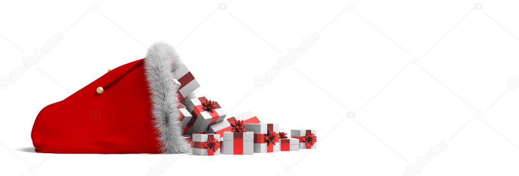 Christmas bag full of red gifts 3D rendering white background